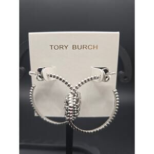 Tory Burch Silver Tone Milgrain Hex Hoop Earrings w/Hexagon-Shaped Logo - NWOT